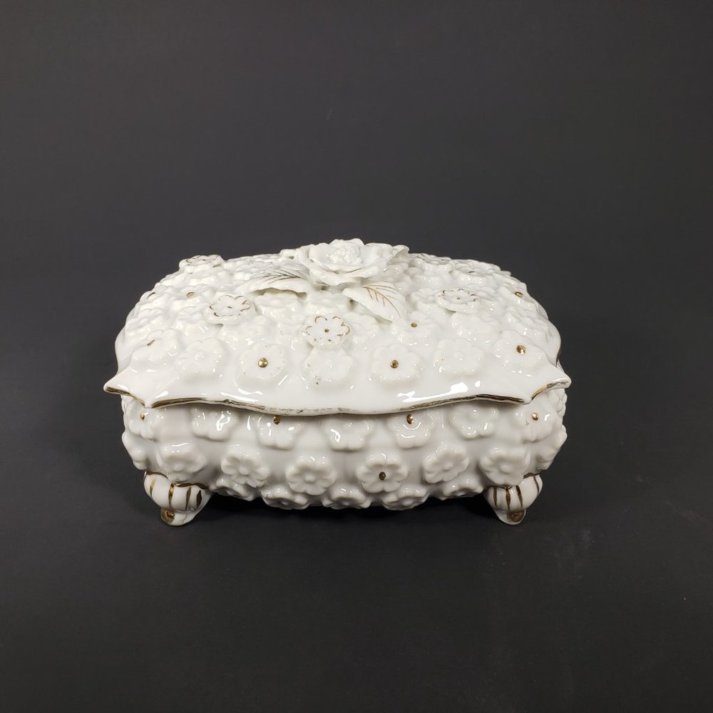 Collectible Ardalt Japan White Ceramic Jewelry Box with Roses and Gold Accents